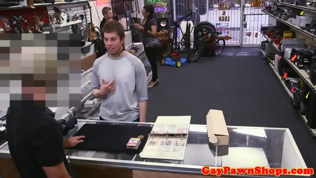 Baited pawnshop customer facialized
