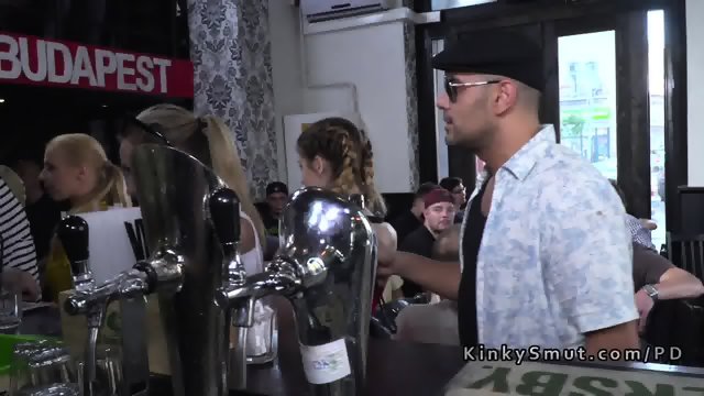 Busty bare boobs slave deep throats in public