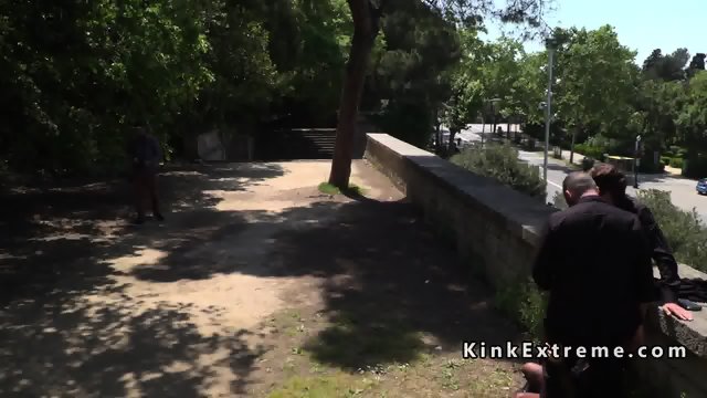 Dark haired babe gangbanged in public