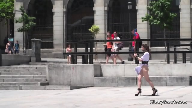 Busty slave deep throat banged in public