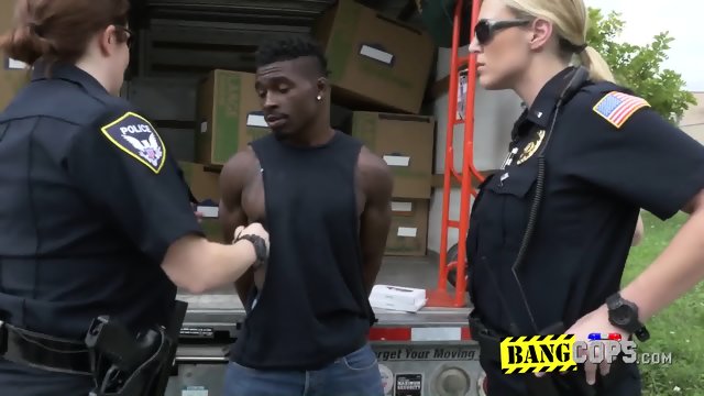 Illegal merchandise seller is caught by perverted milf cops