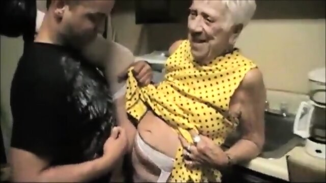 Very old grandma in lingerie get fucked by young boy in the kitchen