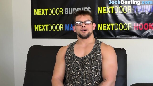 Ripped casting wolf intensively tugs his cock