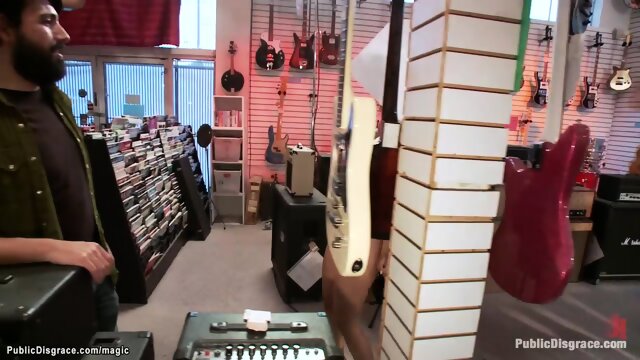 Bound slut group fucked in music shop