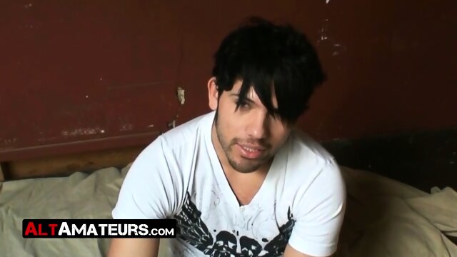 Good looking emo twink jacks off his hairy dick solo