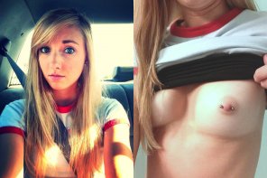 zdjęcie amatorskie Selfie in the Car / Lifting up her Shirt to Show Off Her Piercings
