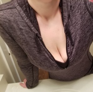 amateur photo Usually I keep my gym shirt zipped up, but I'm all hot [F]rom my workout! Hope you don't mind ðŸ˜‰
