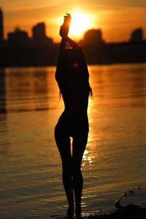 amateur photo People in nature Water Backlighting Silhouette Standing 