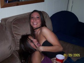 photo amateur Drunkenly licking her friend's breast