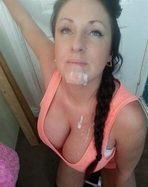 amateur pic A bit seems to have dripped down on to her nice big titties.
