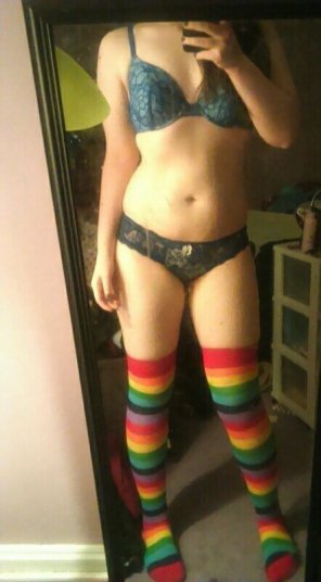 amateur photo [Self] Sorry for the dirty mirror and room but do you like my rainbow thigh highs? :)