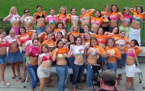 Can you find the happy embarrassed girl who forgot to wear her bra?