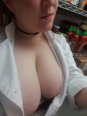 amateur photo You find me fucking around like this in dry storage when I should be working.. how do you punish me Che[f]?