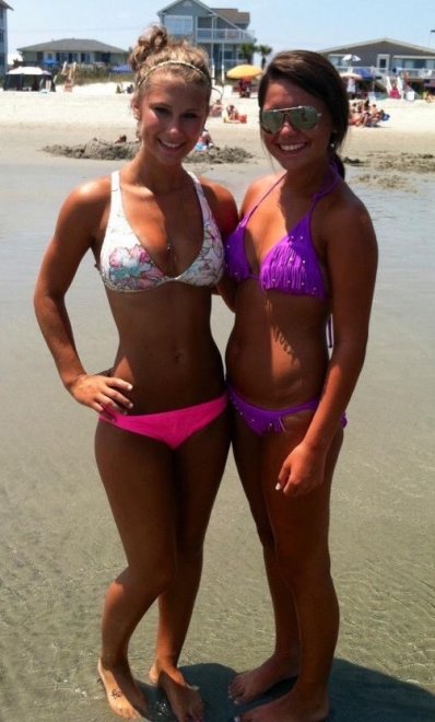 Blond and brunette at the beach
