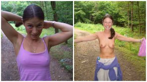foto amateur The wife out walking in the woods before and after