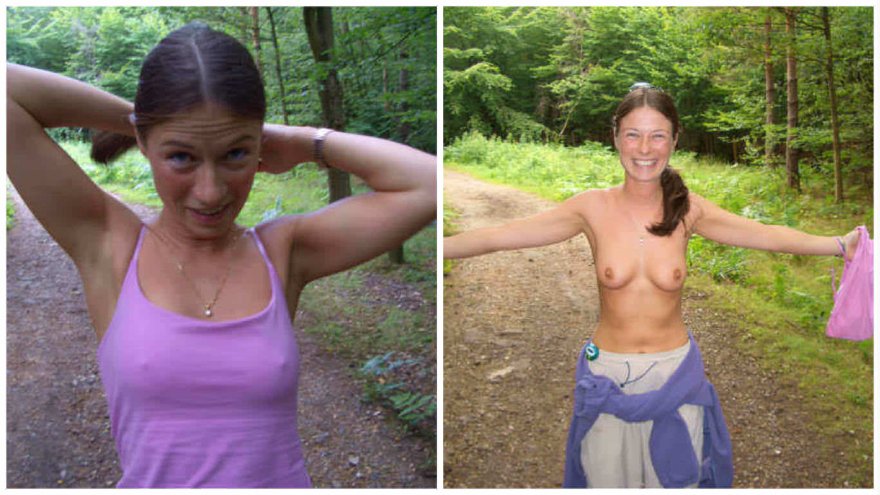 The wife out walking in the woods before and after
