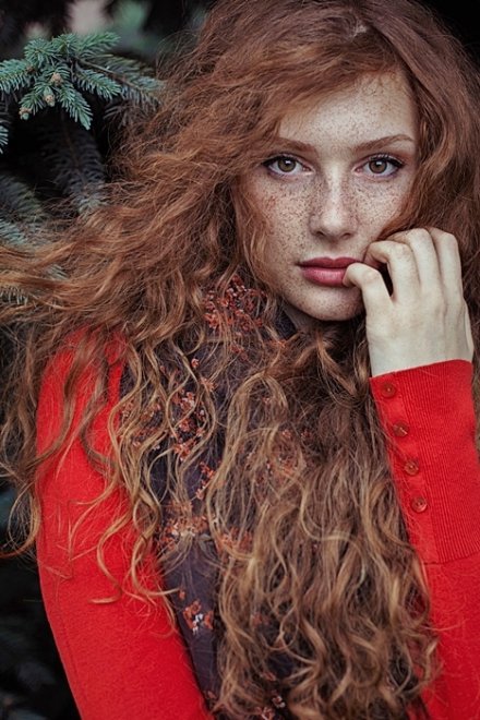 Freckles in a blaze of red hair.