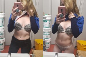 amateurfoto Wore a bra to work speci[f]ically for some on/off shots, but got interrupted before I could get naked ðŸ˜©