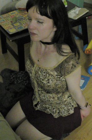 amateur pic On my knees in my miniskirt and grabbing my heels like all good girls should be <3