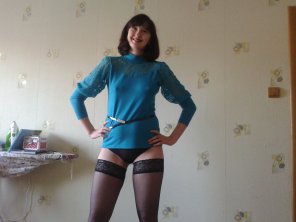 photo amateur Clothing Stocking Blue Thigh Leg 