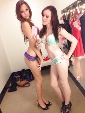 amateur photo Trying on lingerie with the BFF