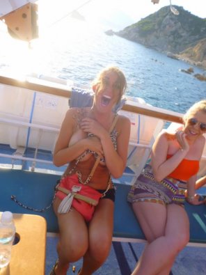 amateur photo Happy and embarrassed on a boat