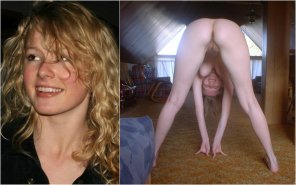 Curly blonde bent over