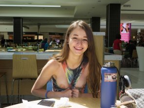 photo amateur Willow Hayes flashing at a food court