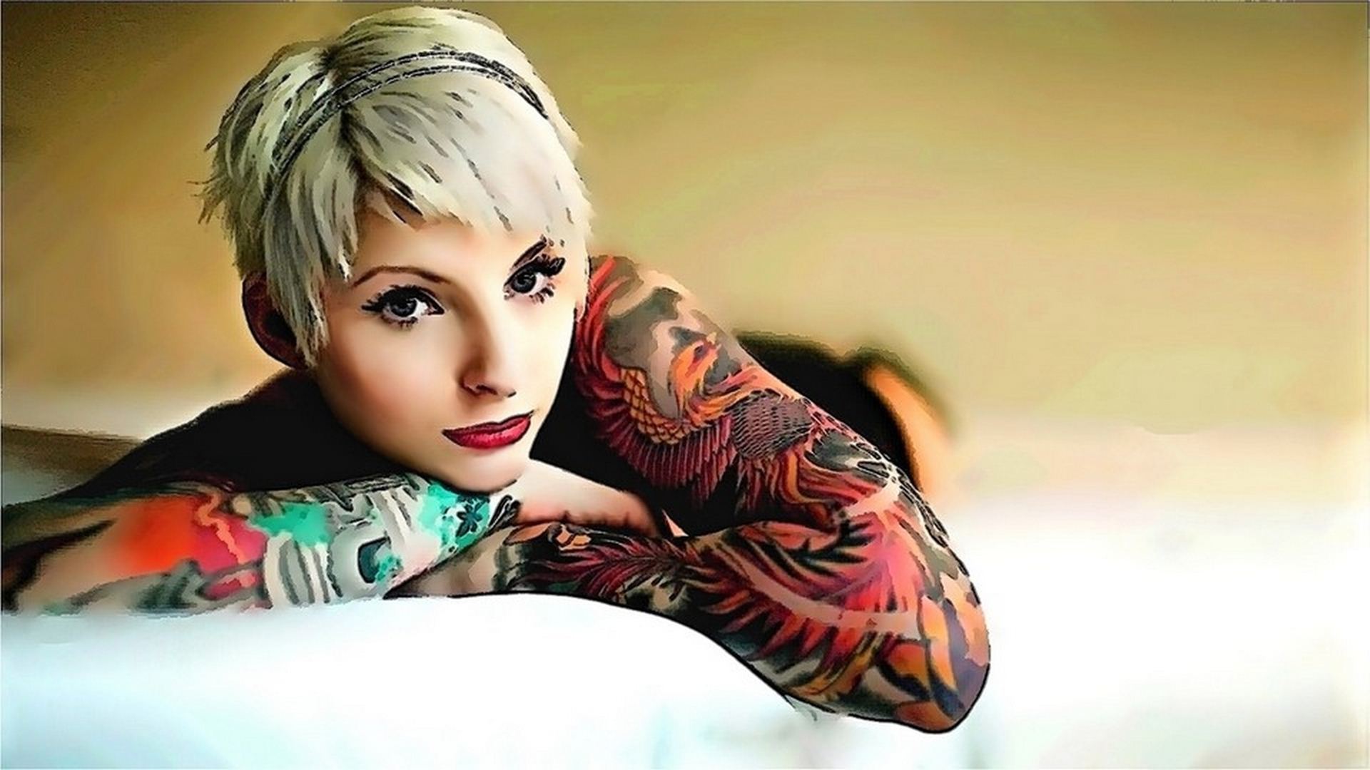 Blonde with short hair and ink sleeves; nice wallpaper [1920x1080] Porn Pic  - EPORNER