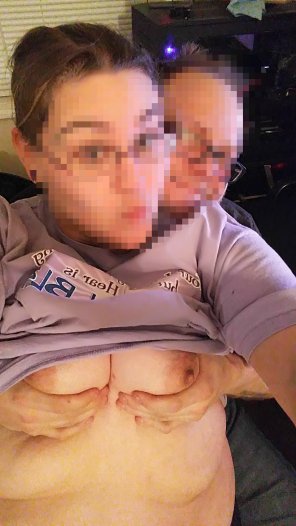 photo amateur Wife and I in a titty squeeze selfie