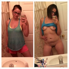 foto amateur Nerdy girlfriend mirror on/off bathroom selfie