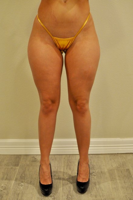 [F] Loving this gold shiny micro thong, the front looks so good!!!! Heels are awesome too.