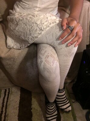 Crossed legs with crochet thigh socks. Come, kneel. ðŸ‘  [OC]