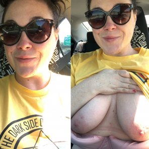 amateur photo Tits out in traffic for Thursday. Almost an alliteration ðŸ˜‚ðŸ’• 32F
