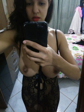 photo amateur Latina wife in body stockings with collar
