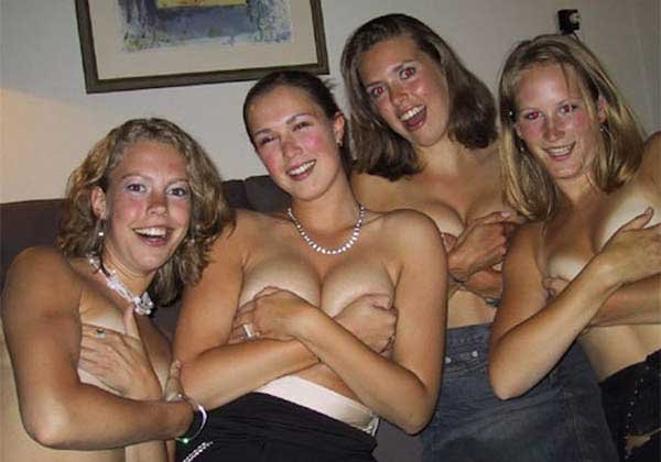 Happy and shy girls with their handbras