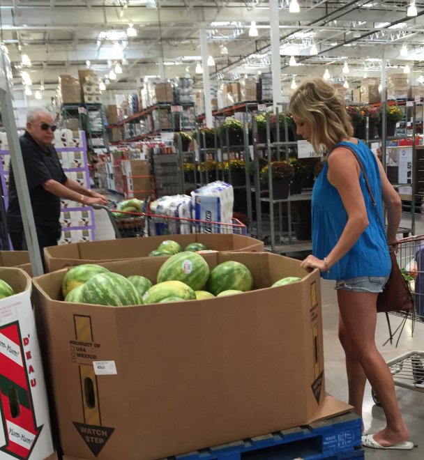 caught him checking out her melons.