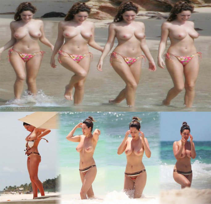 Kelly Brook topless at the beach at age 26 and 34
