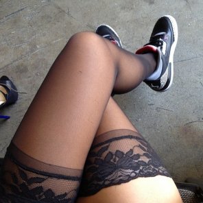 photo amateur Stockings and Sneakers
