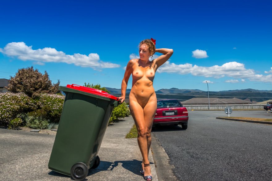 Taking the trash out in the nude