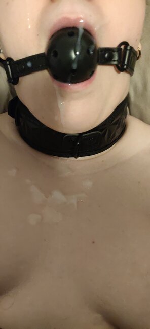 Choker, Gagball and covered in cum