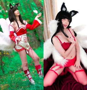 foto amateur My Ahri cosplay and lingerie ~ Do you like this foxgirl? I think red is the sexiest color, fight me! [by Kerocchi]