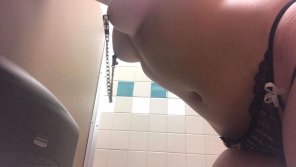 Locked naked and in nipples clamps in public restroom [f]