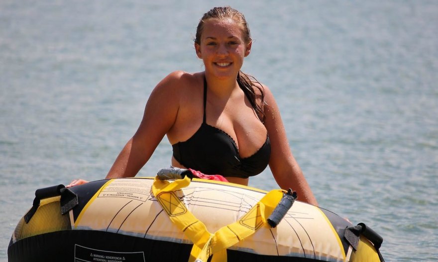 If she goes tubing in that bikini, her boobs are going to fly out of it