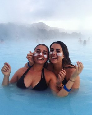 Two hot women in a hot lake, on a cold mountain