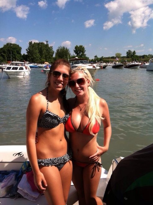 Busty blonde boat babe brings bovine beverages by backyards, brunette bespectacled buddy beams broadly
