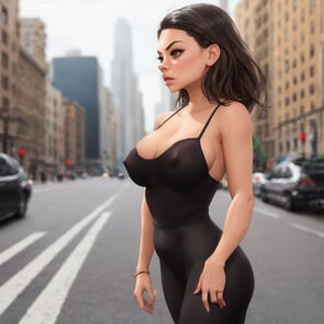 photo amateur 00030-877656811-Blend, mila kunis, breasts, nipple outline, middle of busy street, city in background, blurry background, solo, detailed face, s