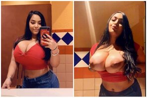 amateurfoto Flashing massive tits in public restroom
