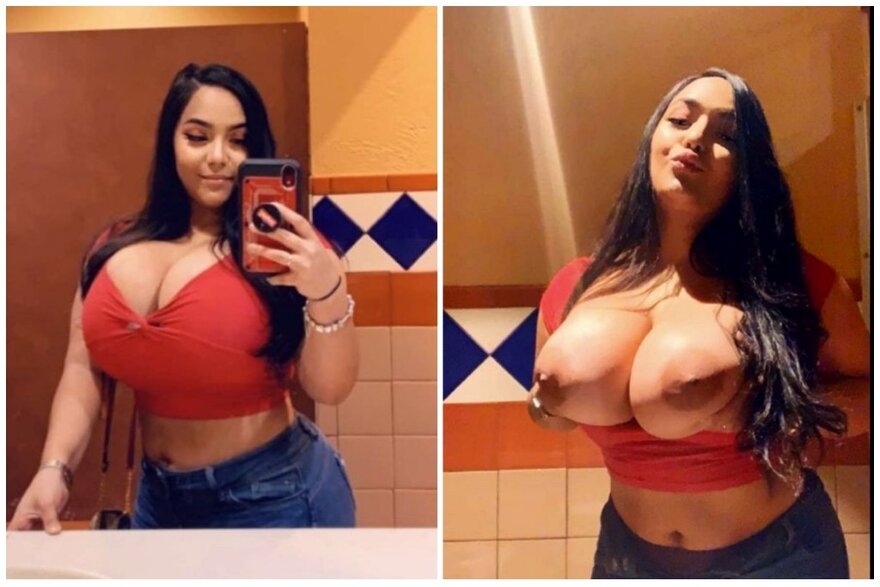 Flashing massive tits in public restroom