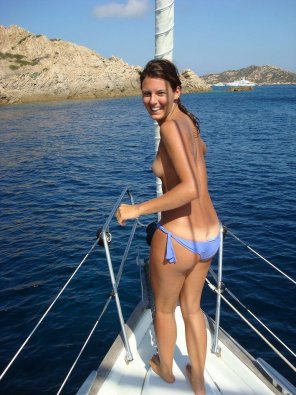amateur pic Giggling on the bow of the boat